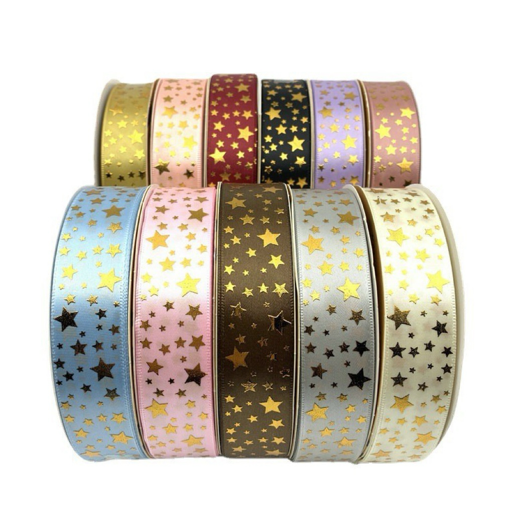 

BeadsBaby88 Pita Satin 1 sided Motif Star Bintang Gold Printing 2,5cm 25mm Premium Quality (per 1yard ) bahan best quality super lembut cocok untuk dibuat jepit rambut anak, acc fashion lain atau bahan untuk buat bunga