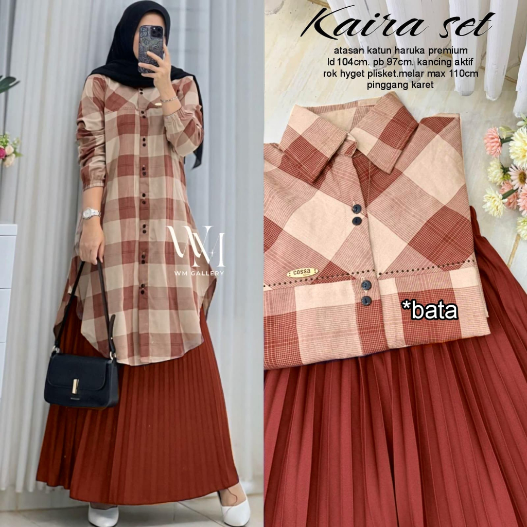 Setelan Rok Tunik Kaira set Bahan Katun Haruka Mix Plisket LD 107cm PJ Rok 90cm Kancing Aktif Busui
