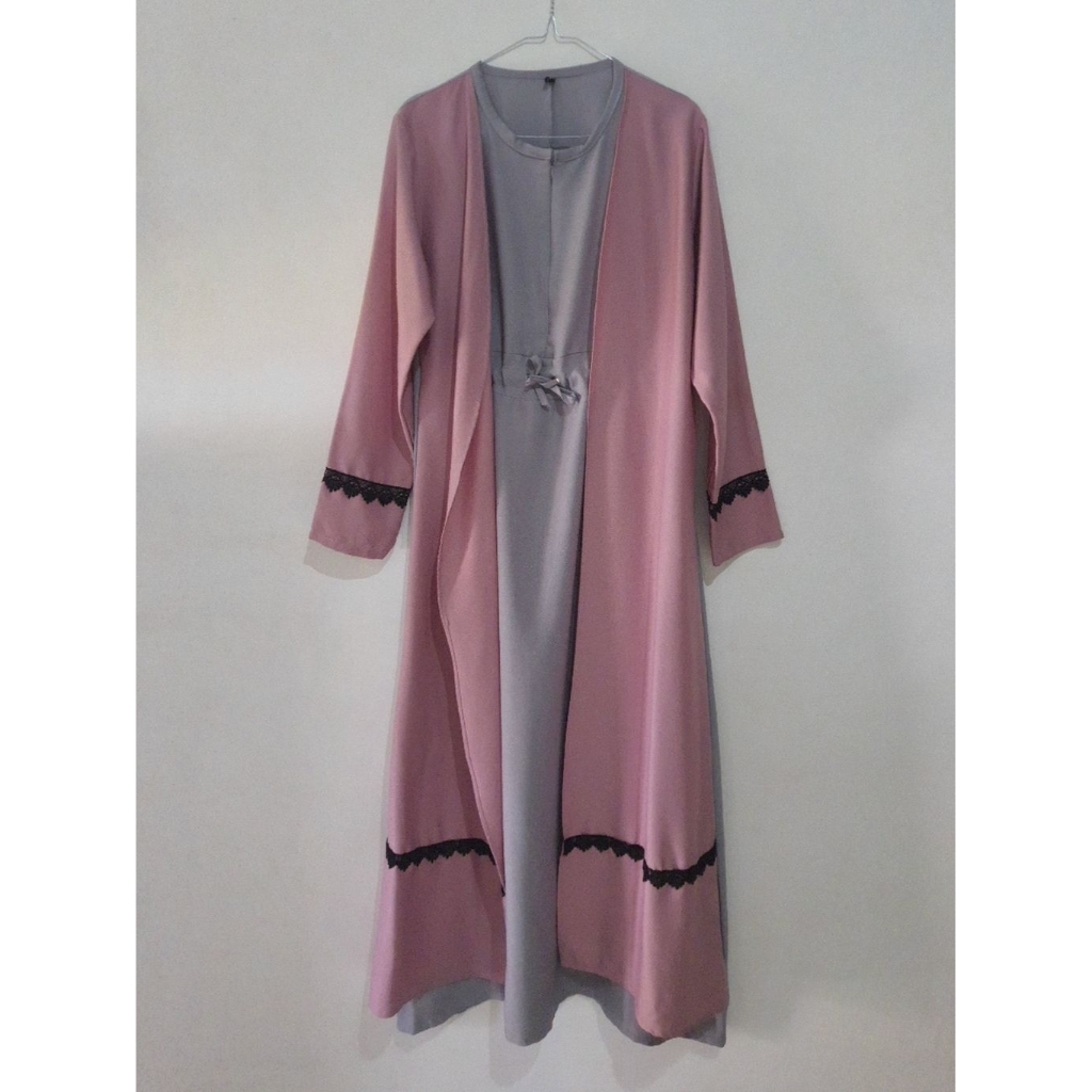 [PRELOVED] Gamis Polos Renda Pink Abu-Abu