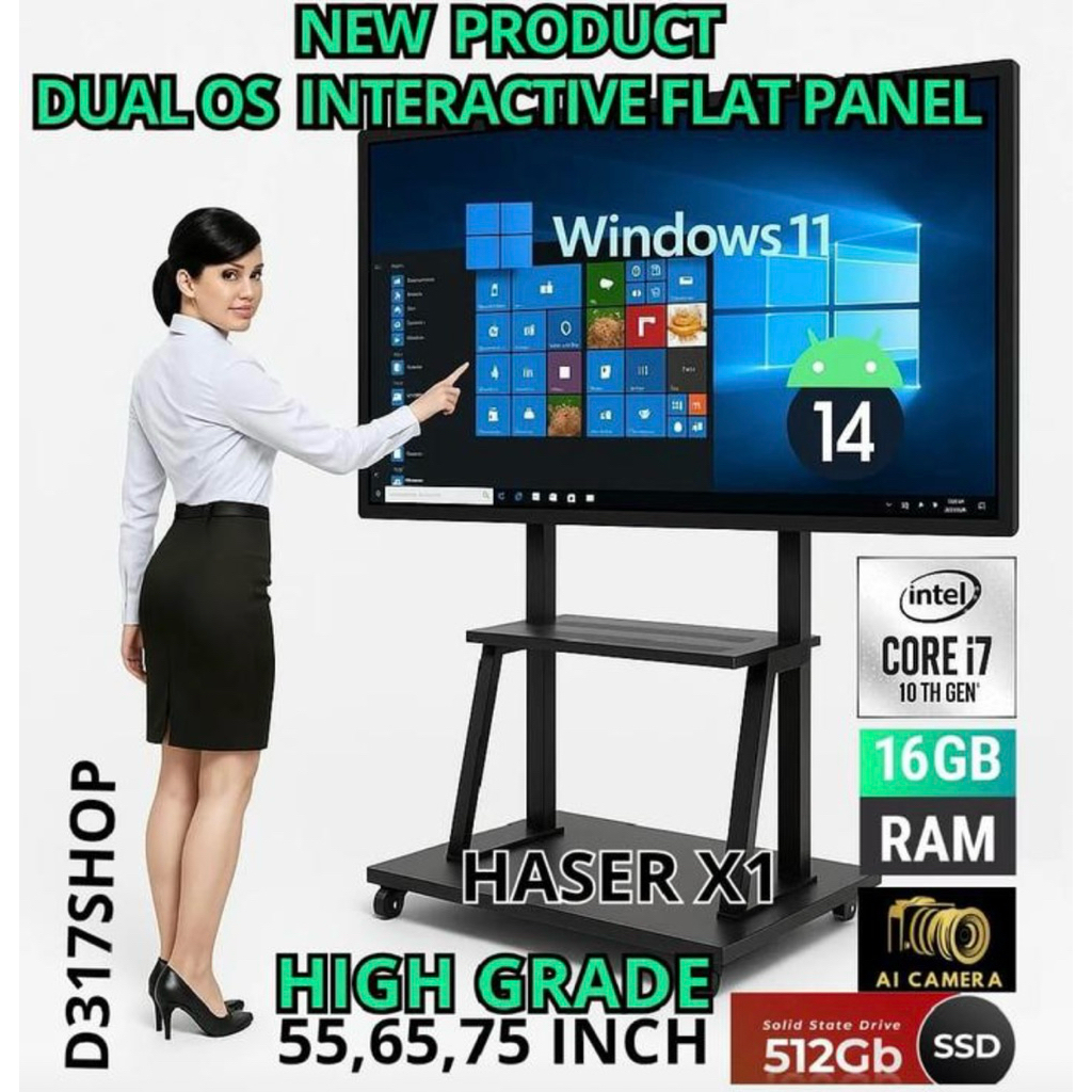 Interactive Flat Panel Digital Smart White Board Dual Os Haser X1 55/65/75 Inch