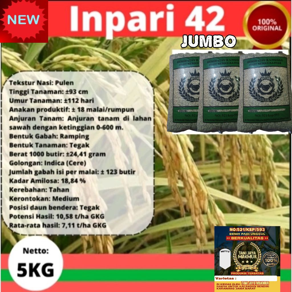 BIBIT/BENIH PADI INPARI 42/AGRITAN (GSR) kemasan 1KG. unggul berkualitas, bobot sangat mantap.