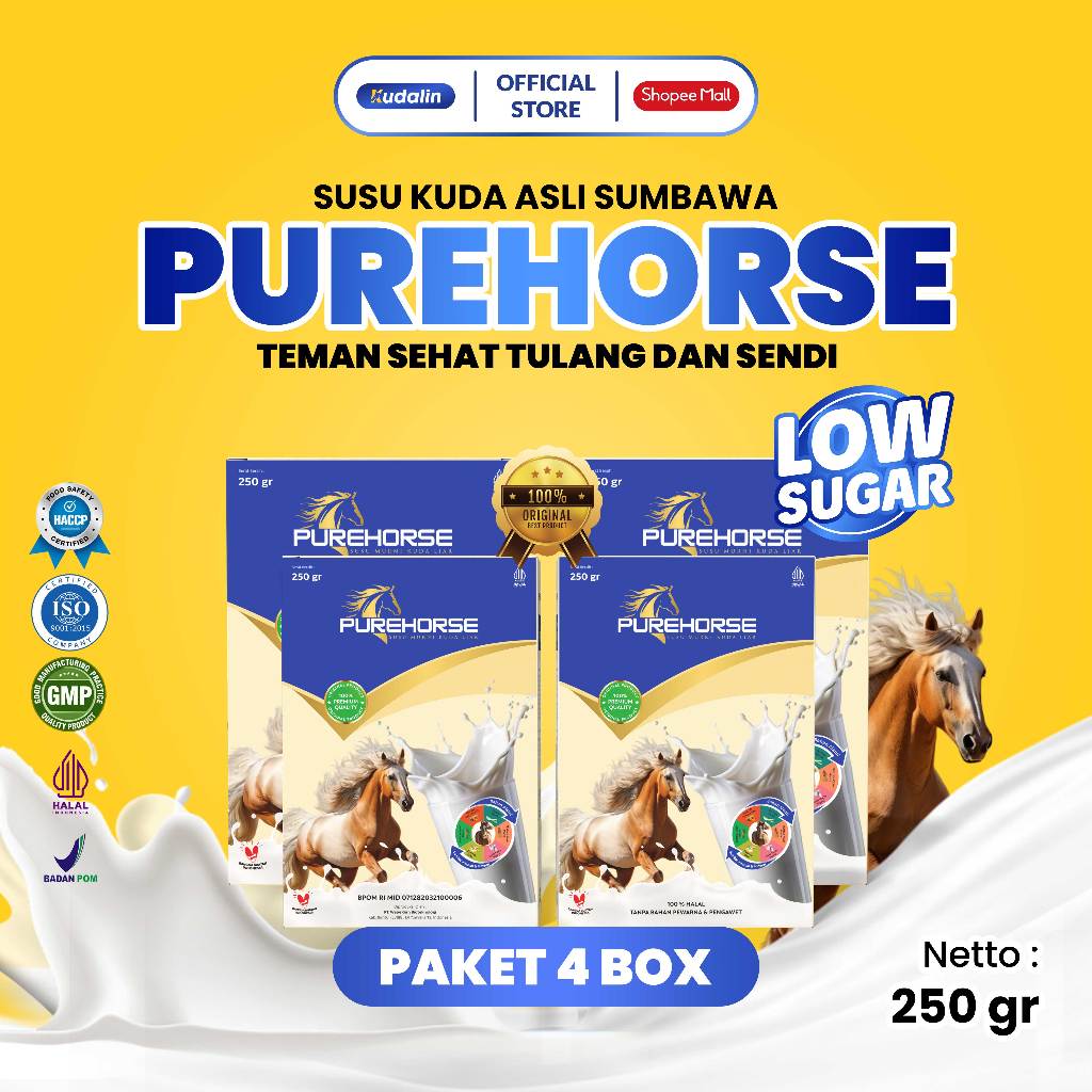 

Pure Horse Susu Kuda Liar Sumbawa Asli 100% Kemasan Lebih Banyak 250 Gram Per Box Paket 4