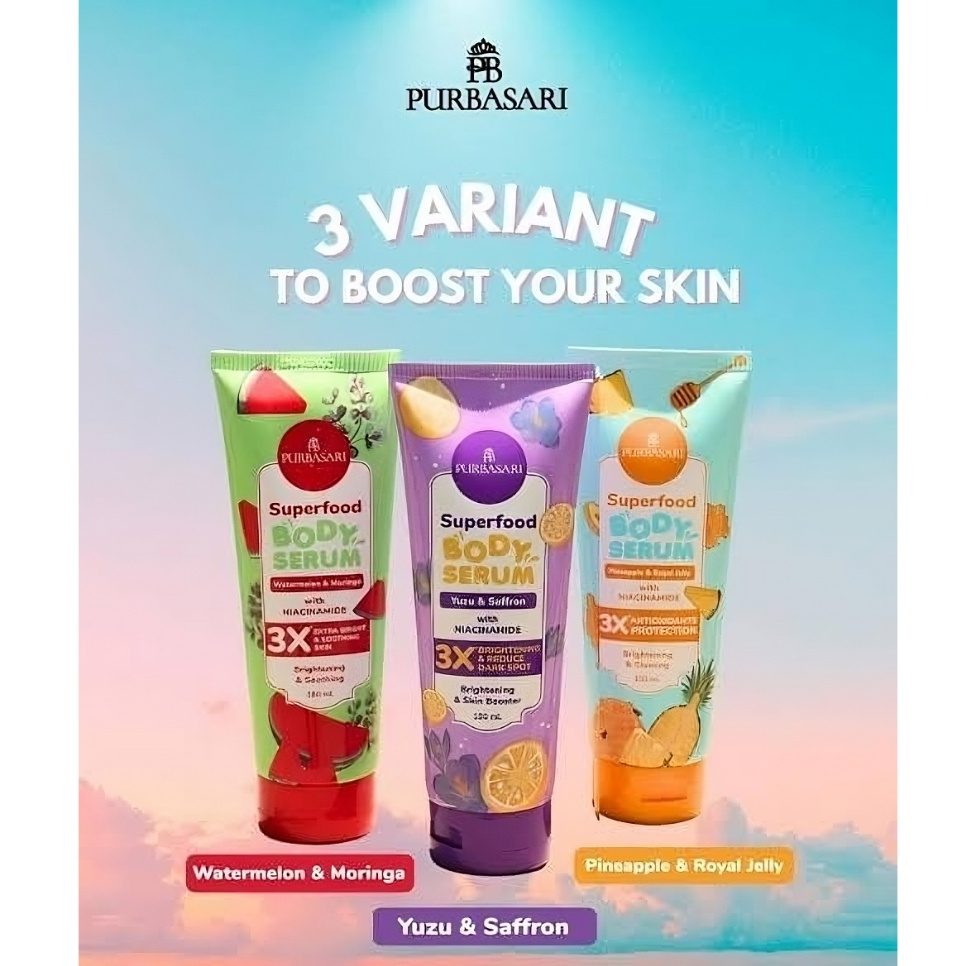 PURBASARI 180 ml Body Serum Superfood Yuzu & Saffon / Watermelon & Moringa / Pineapple & Royal Jelly