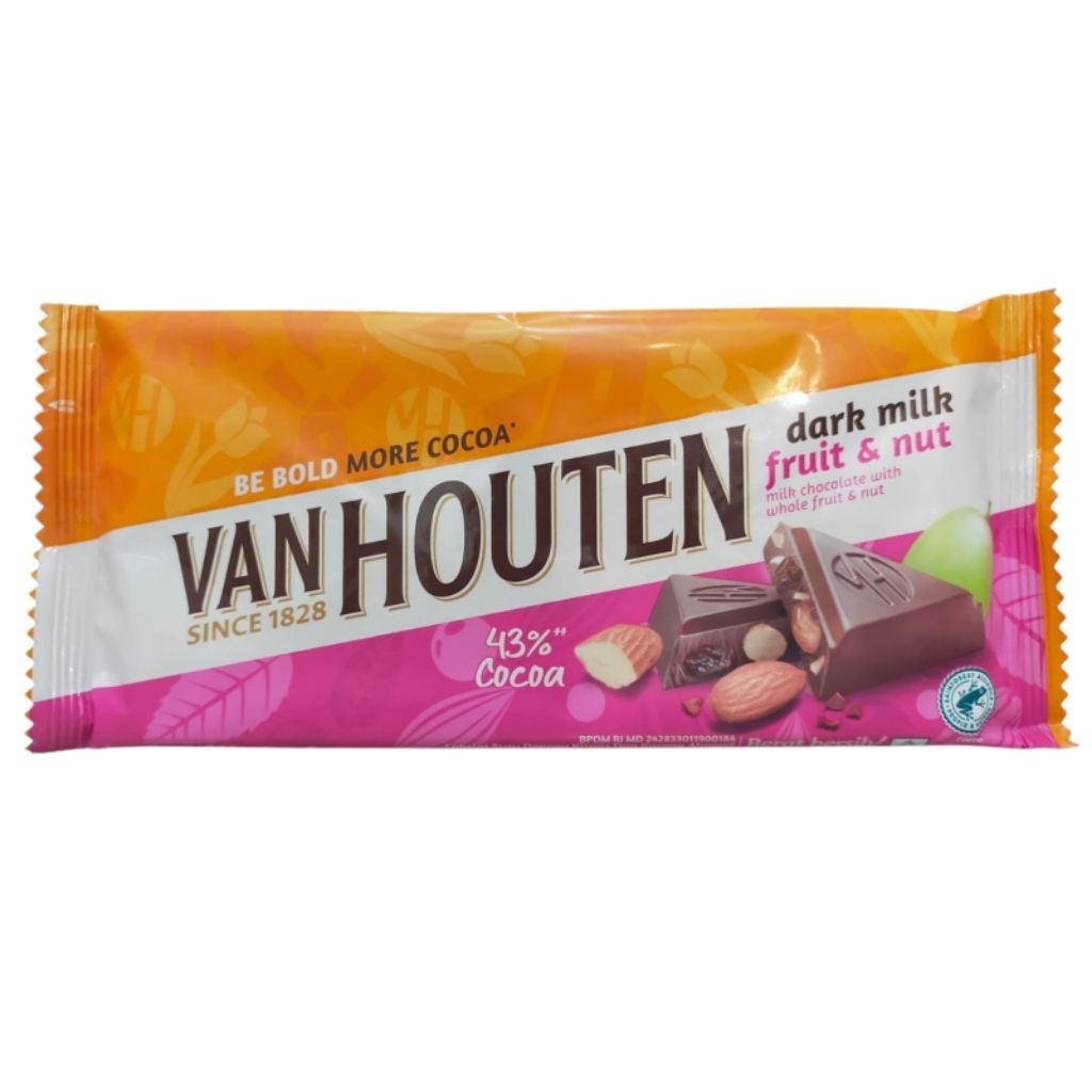 

Van Houten Dark Milk Fruit & Nut 140g / Cokelat Batangan Van Houten Dark Milk Fruit & Nut - 43% Cocoa