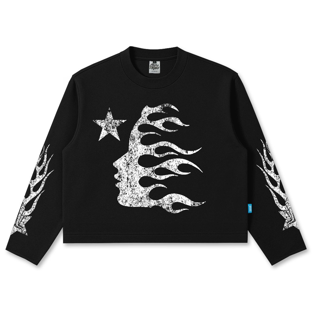 Popsicles Longsleeve Boxy Lengan Panjang On Fire Hitam - Kaos Boxy Crop Longsleeve