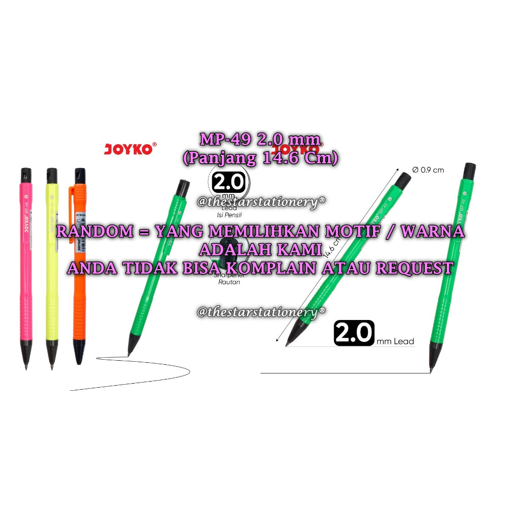 

(1 Biji) GROSIR Pensil Mekanik JOYKO MP-49 2.0 mm RANDOM / Mechanical Pencil Joyko MP-49 (1 Biji)