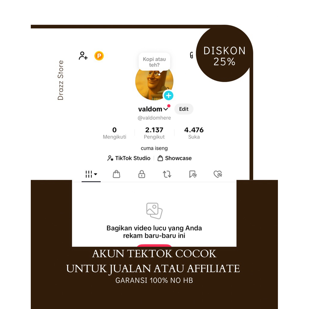 AKUN TIKTOK 2.137 FOLLOWERS BISA LIVE STUDIO, TIKTOK SHOP ON