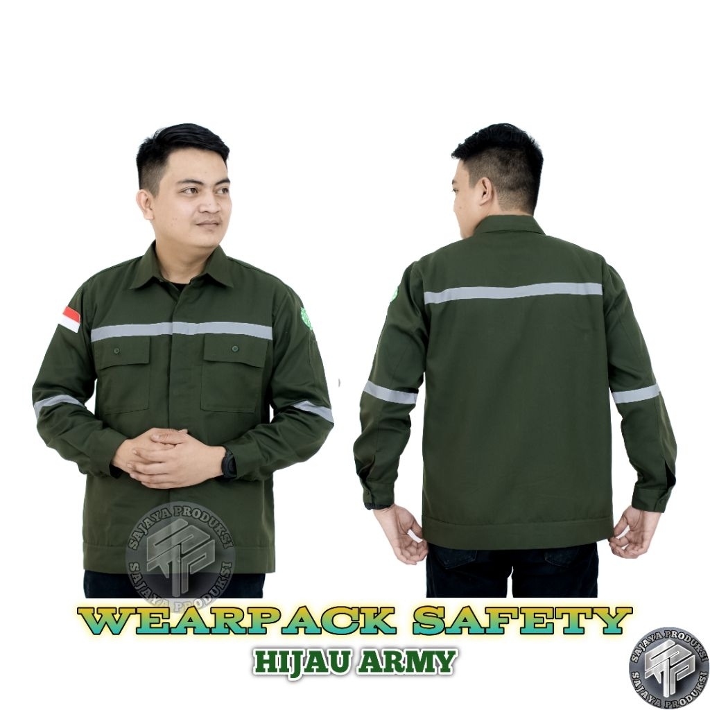 Baju kerja proyek wearpack safety warna hijau army kemeja safety lengan panjang