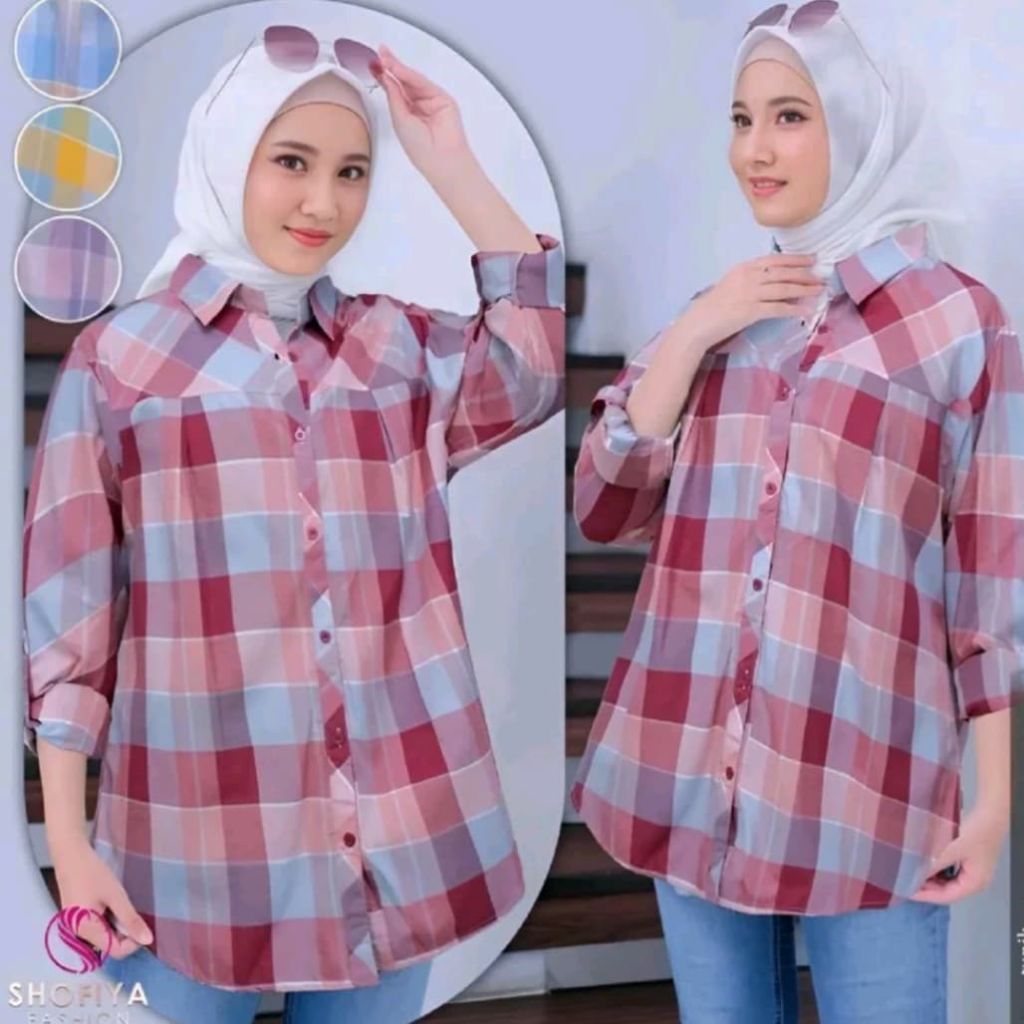 Atasan Kemeja Blouse Kotak Wanita Kekinian Bahan Katun Kemeja Blus