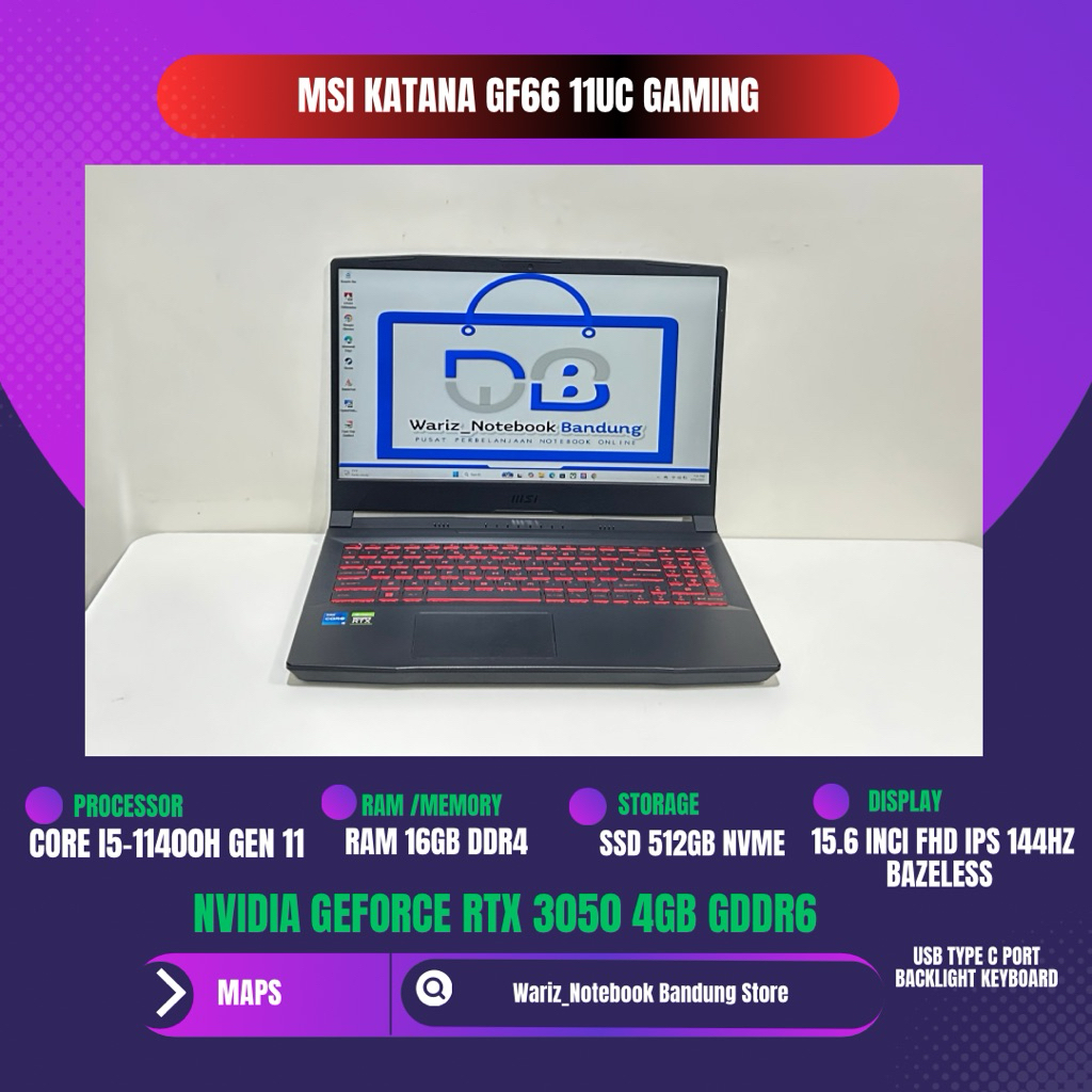 MSI KATANA GF66 11UC CORE I5-11400H NVIDIA RTX 3050 RAM 16GB SSD 512GB 15.6inci FHD IPS 144Hz