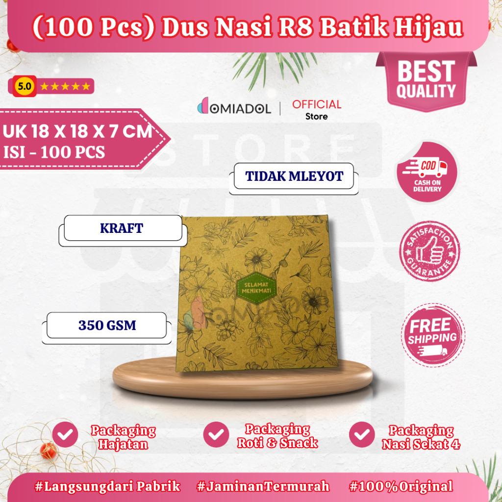 

Box Dus Nasi Kotak R8 Motif Batik Hijau Premium - Ukuran 18x18x7 cm - Isi 100 Pcs