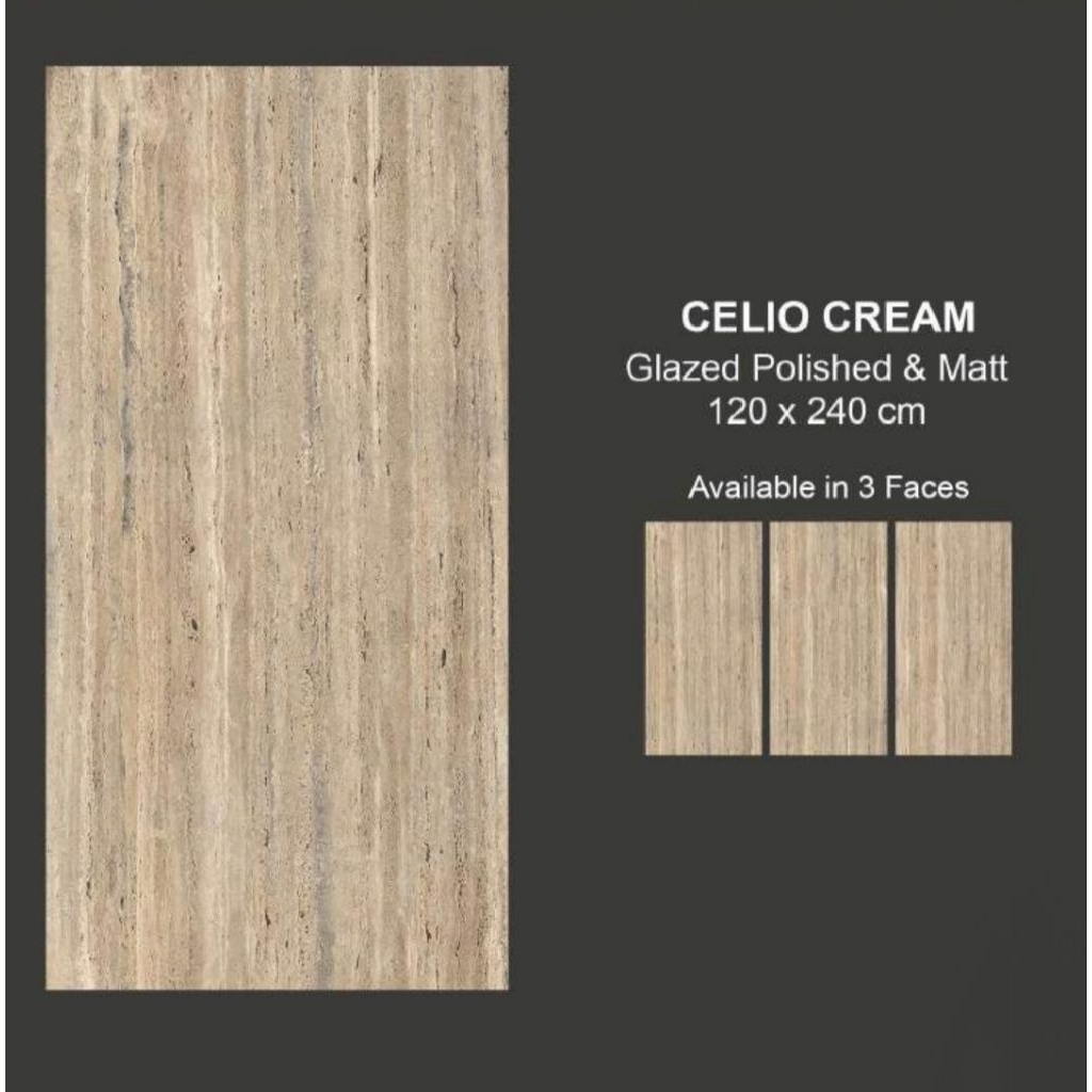 GRANIT MEREK VALENTINO GRESS TYPE CELIO CREAM UKURAN 120X240 GLAZED POLISHED DAN MATT