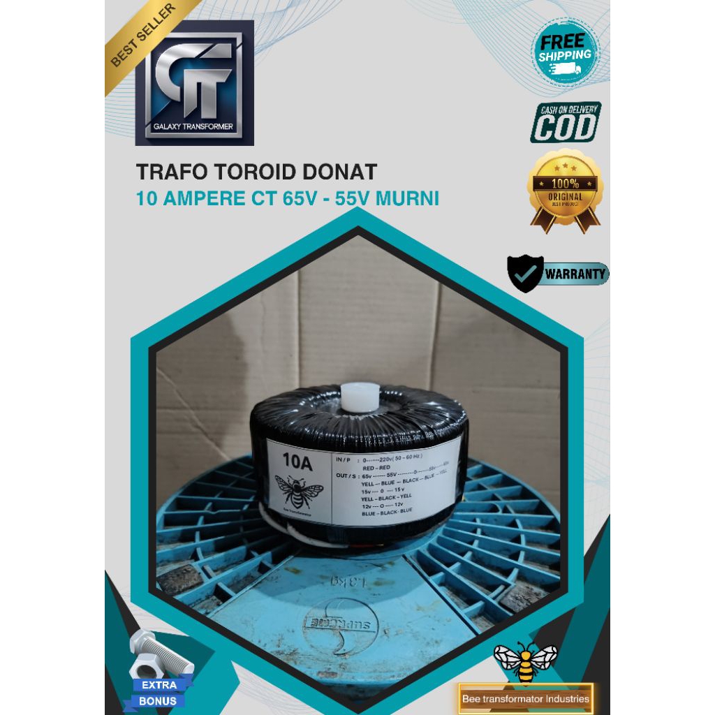 trafo toroid donat 10A CT 65V - 55V murni