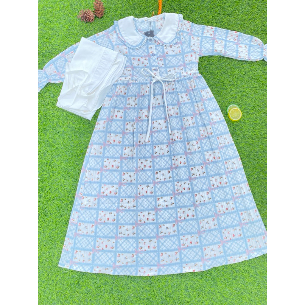 Gamis Heppin Bunga Anak Set Hijab Motif Kotak Bunga Lengan Panjang