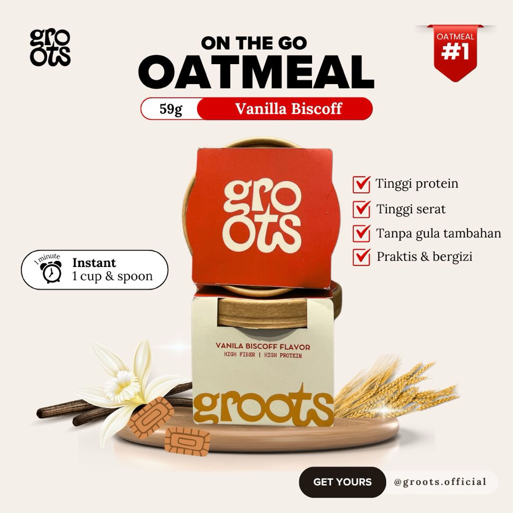 

Groots On-The-Go Oatmeal (Instant Oatmeal Cup) - Vanilla Biscoff | High Protein | High Fiber I No Added Sugar