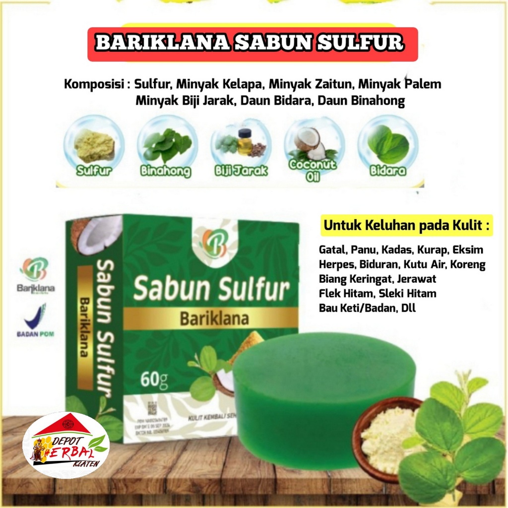 Sabun Sulfur plus Herbal Daun Binahong-Bidara-Minyak Kelapa-Zaitun-Palem-Biji Jarak-Obat Alami