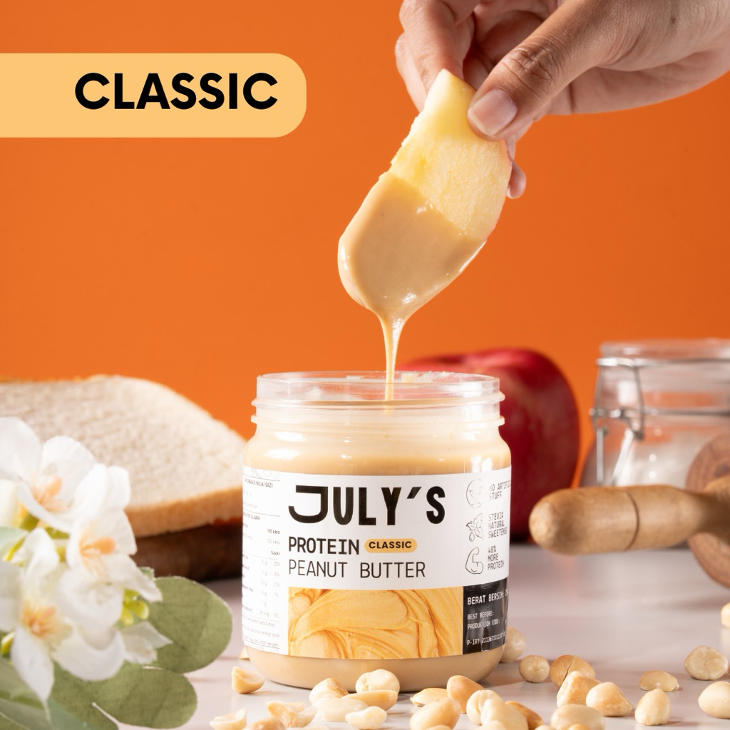 

JULY’S Selai Kacang / Peanut butter Dengan Tambahan Protein Whey Isolate, Manis Alami Stevia, 250gr