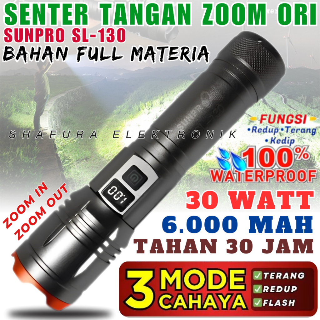 Sunpro Sl-130 / Sl-131 Senter Tangan Zoom In-Out Full Metal Cahaya Super Terang Tahan 30 Jam Daya 30
