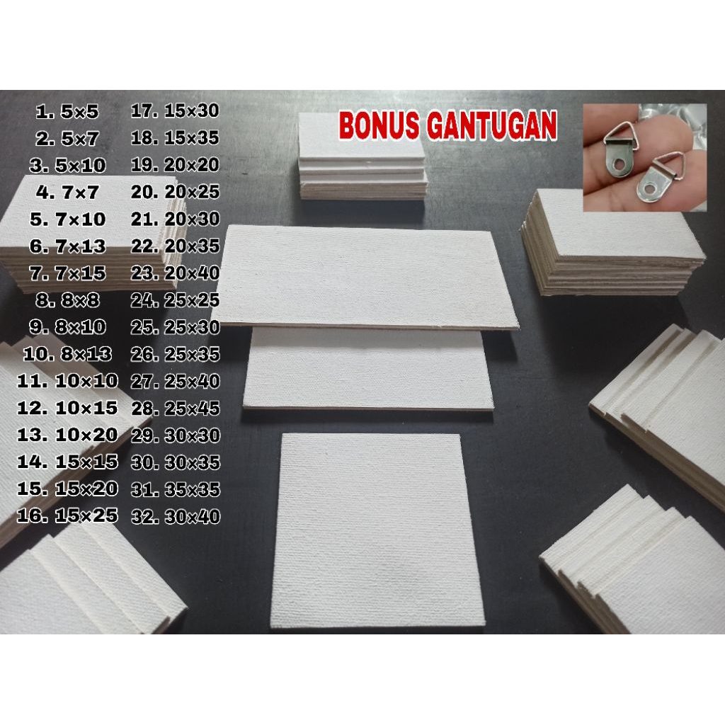 

kanvas lukis Marsoto tebal + bonus gantungan beralaskan panel triplek siap pakai tebal 6 mm bergaransi murah ukuran mulai 5cm>>45cm