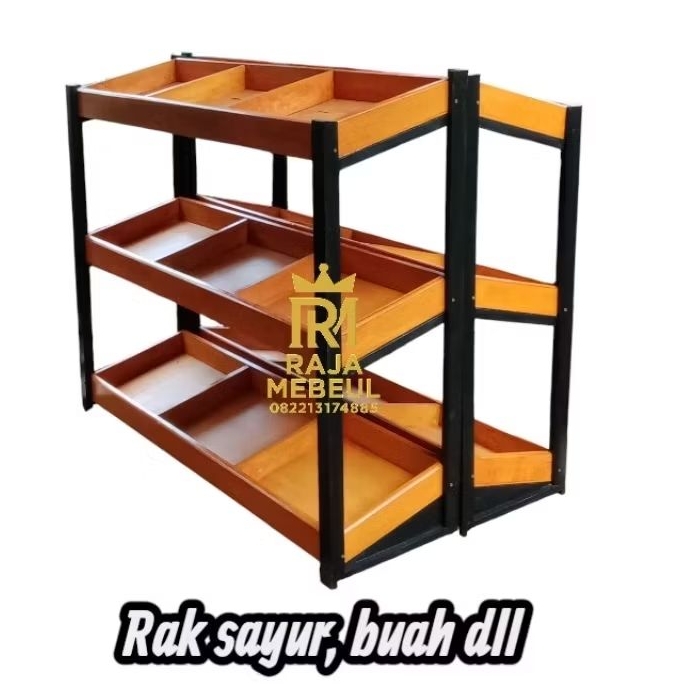 3 tingkat rak sayuran/ rak buah-buahan/ rak kayu miring/ rak sekat rak warung sembako