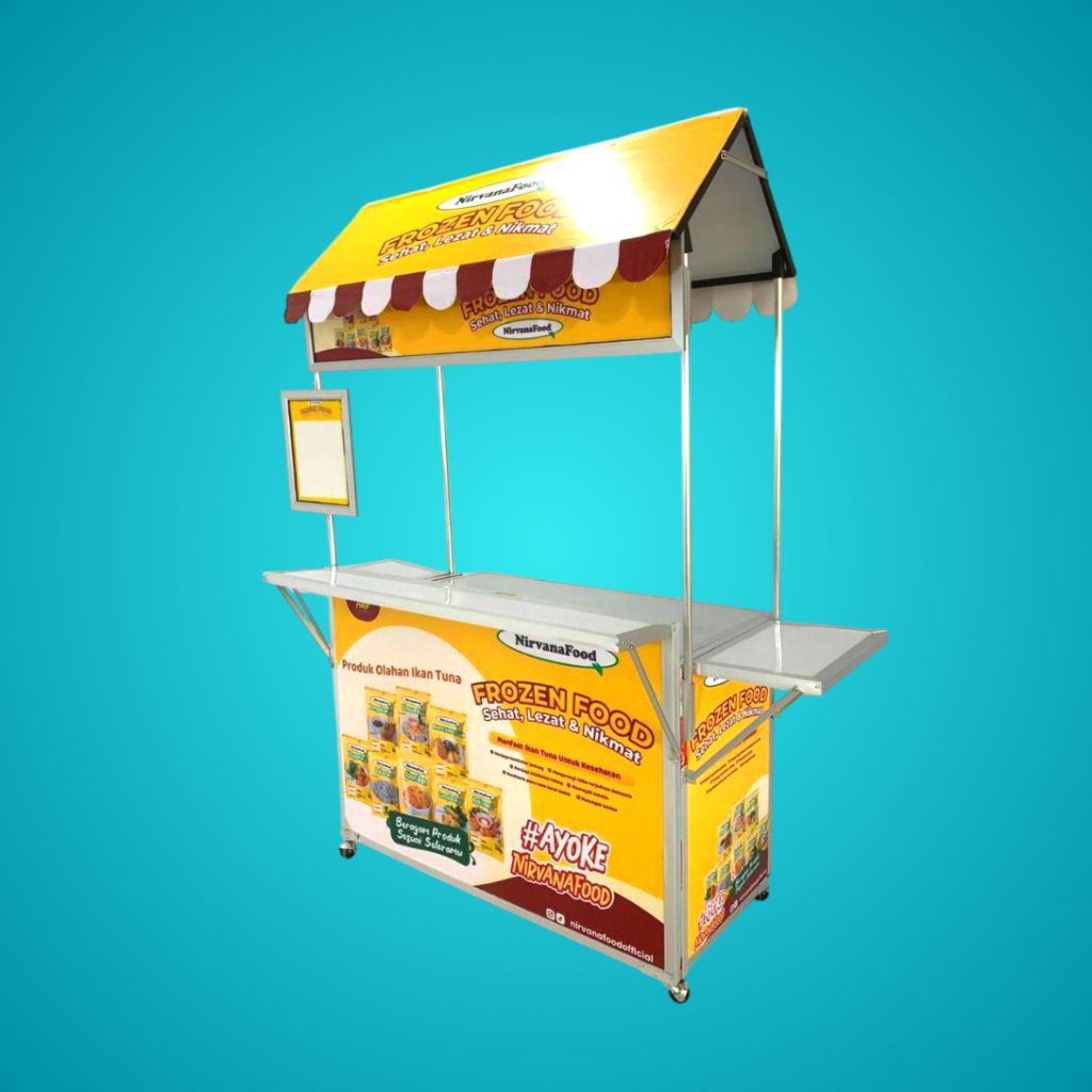 Booth Portable Alumunium Jumbo + Atap Rumah + Meja Samping + Meja Depan + Menu | Gerobak Lipat
