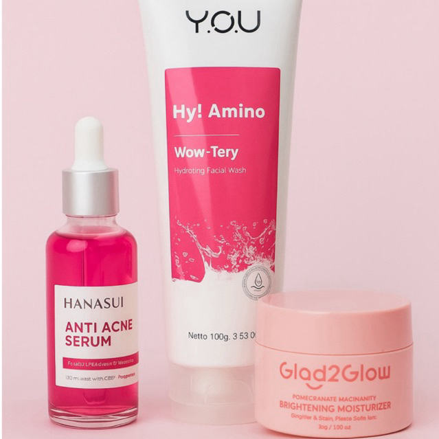 Skincare Bundle Jerawat & Glowing - Facial Wash You, Glad2Glow Moisturizer, Hanasui Acne Serum