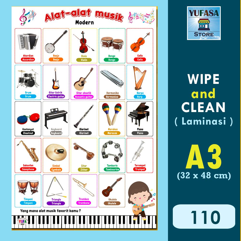 110 poster mengenal alat musik modern - Poster Edukasi Anak - Poster belajar anak - Poster wipe and 