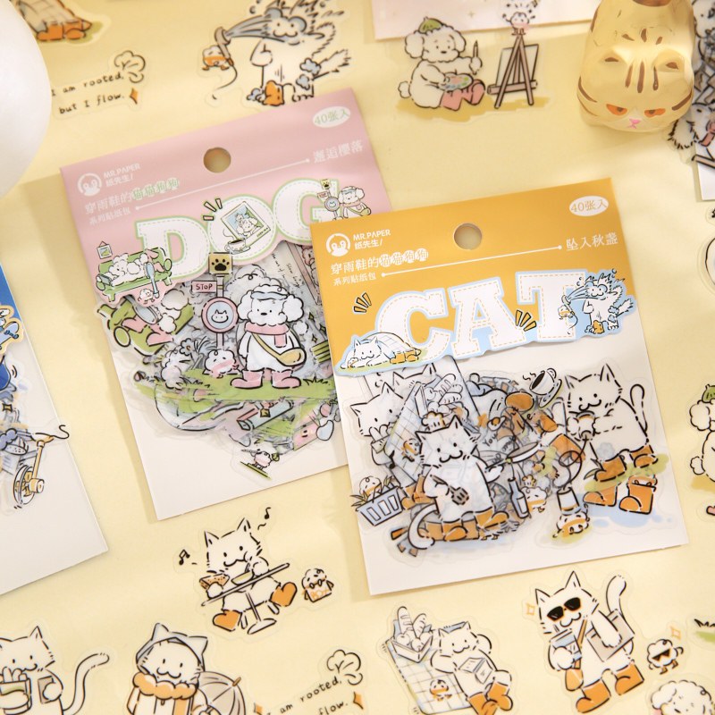 

[JUNE] Cat&Dog Rain Boots Series 40pcs Scrapbook Bullet Journaling BuJo Decorations Stiker Gelas Mug Botol Minum DIY Buku Harian