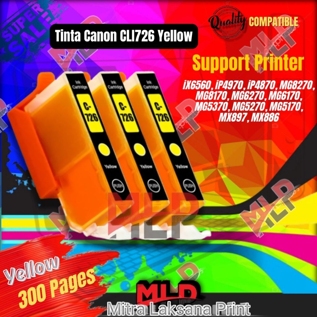 Tinta Catridge Canon CLI726 CLI 726 Yellow Compatible Printer PIXMA iX6560, iP4970, iP4870, MG8270