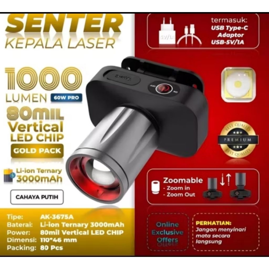 aoki ak-3675 3676 senter kepala zoom laser led 60watt pro cahaya putih dan kuning sorot jauh