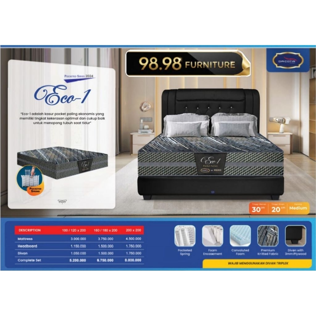 DACOTA Spring Bed  ECO 1 - Pocket Spring - Murah Dan Berkualiras -  Ketebalan Matras 30cm - Garansi 