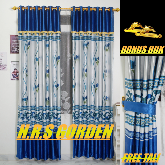 Gorden Ruang Tamu Warna Biru Minimalis Glossy Motif Tulif Mewah Model Smokering Poni Tempel.