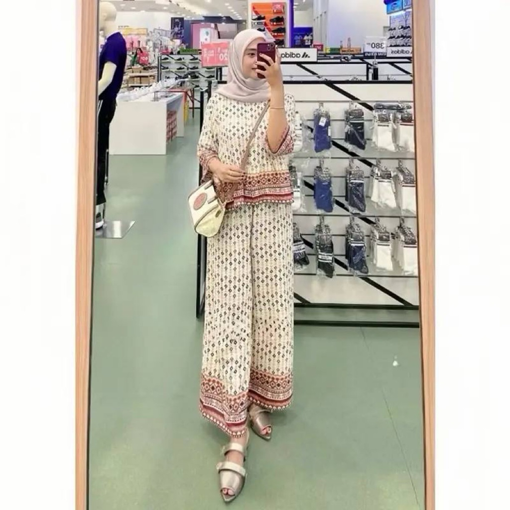 Setelan Kulot Wanita Motif Etnik Lengan Panjang | Baju Santai Modis Hijab Friendly | Set Atasan Bawa