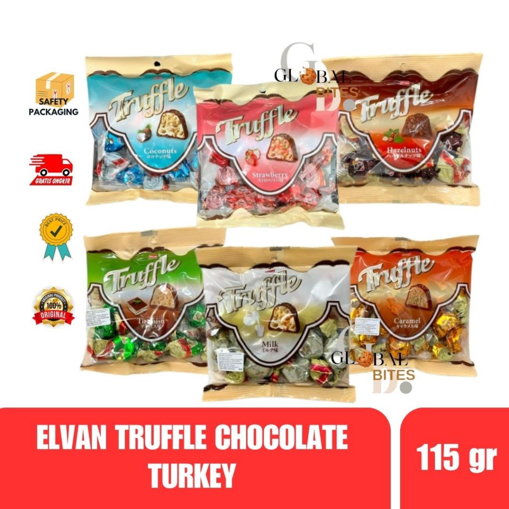 

Elvan Truffle Coklat Arab Turki 115g Assortment Caramel Hazelnut Coconut Strawberry Chocolate Turkey