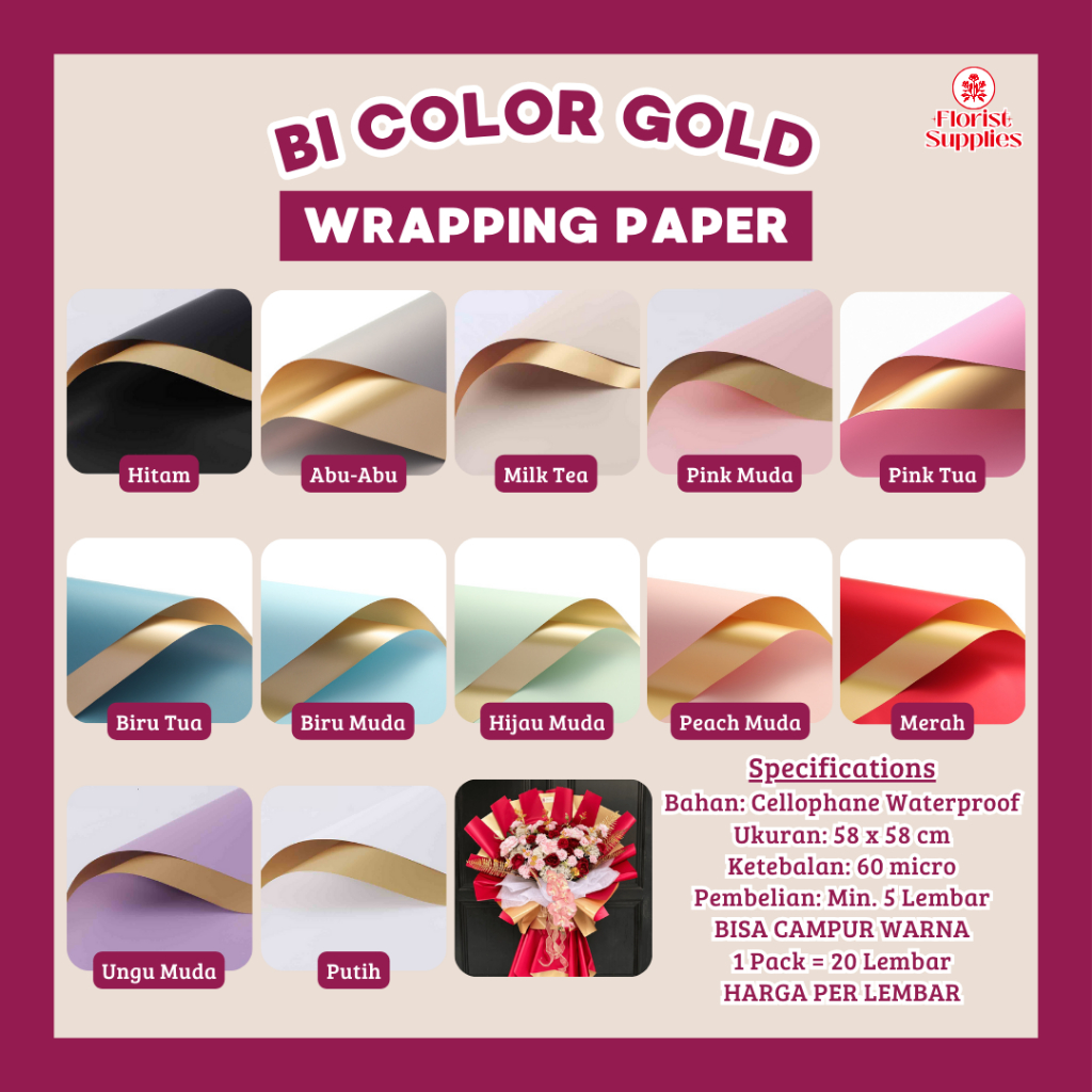 

Kertas Buket Bunga Bicolor Gold Cellophane Emas Gold 2 Warna Flower Wrapping Paper Pembungkus Bunga