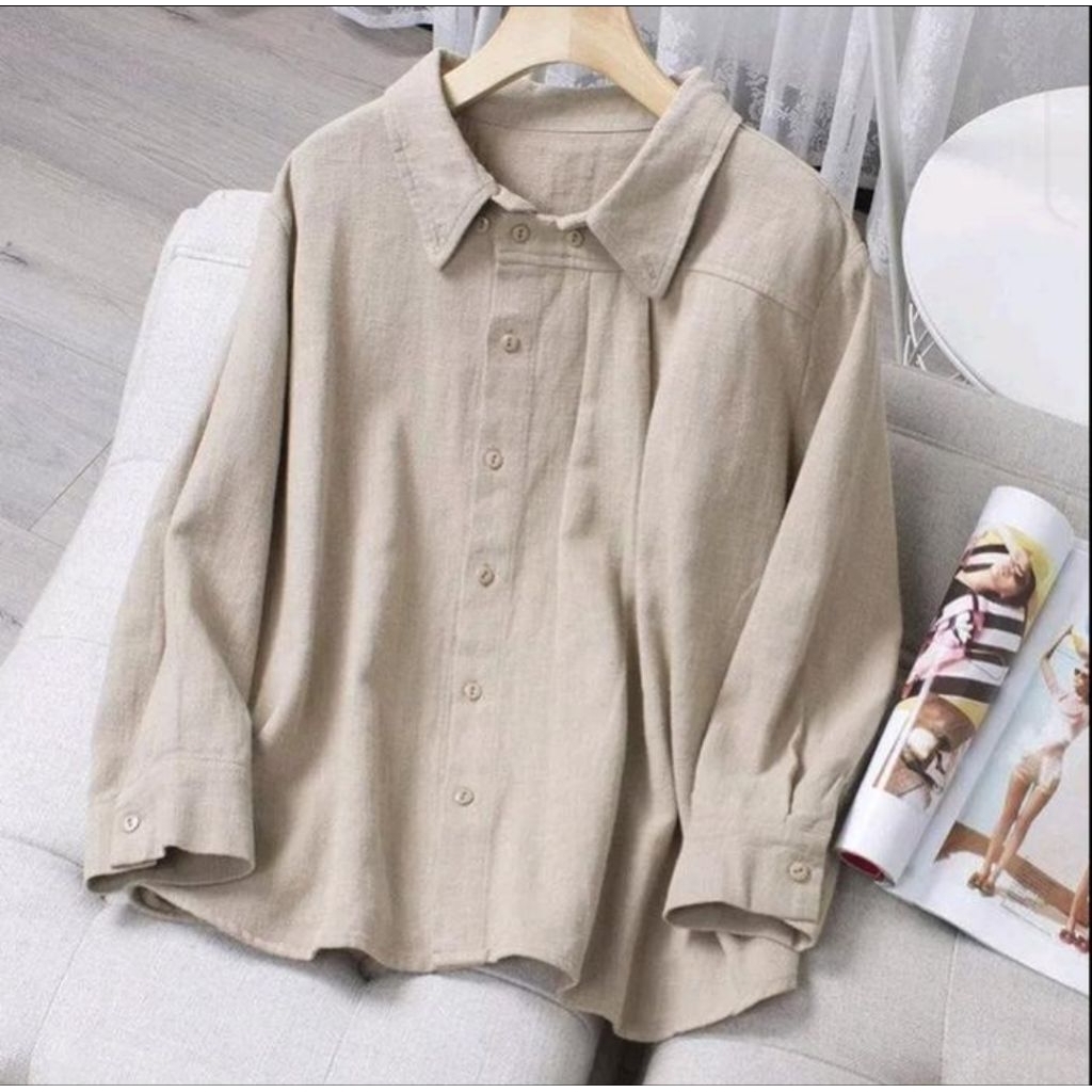 Kemeja Linen Wanita JANE Blus Wanita Kekinian Lengan Panjang Atasan Wanita Panjang Polos Terbaru Kai