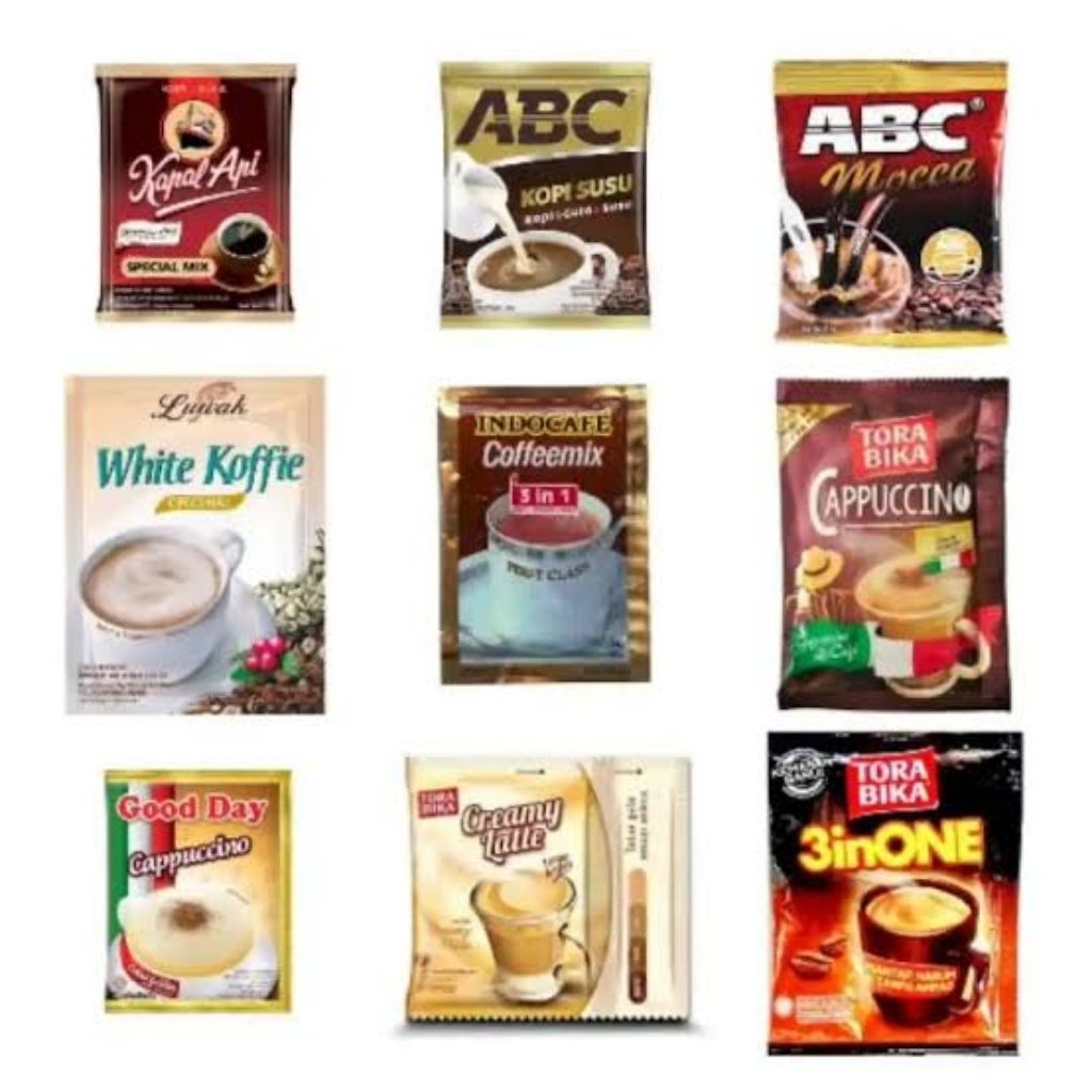 

Varian Kopi kapal api | ABC |Nescafe | Cappucino | Luwak whith coffe | Indocafe | Torabika Creamy latte