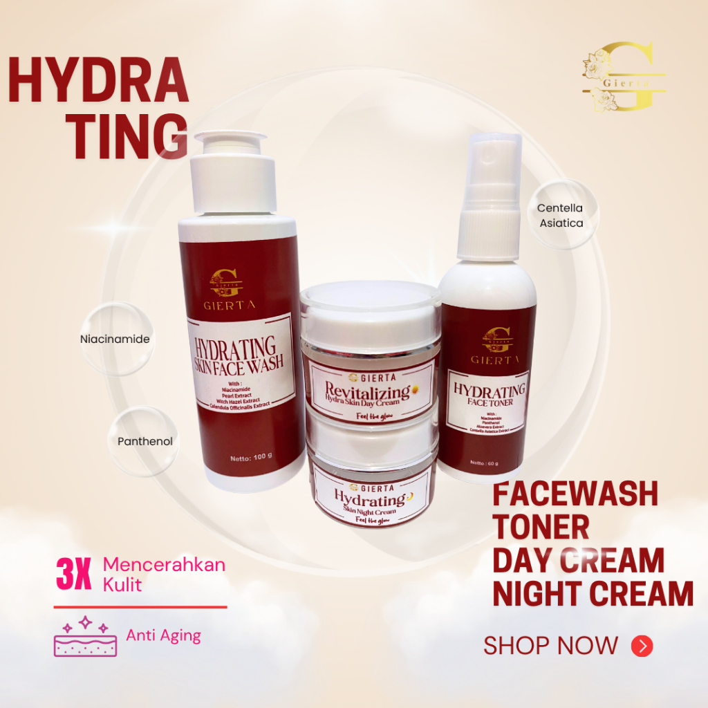 GIERTA Paket Hydrating Facewash, Toner, Day Cream dan Night Cream / Skincare Mencerahkan Kulit/Skint