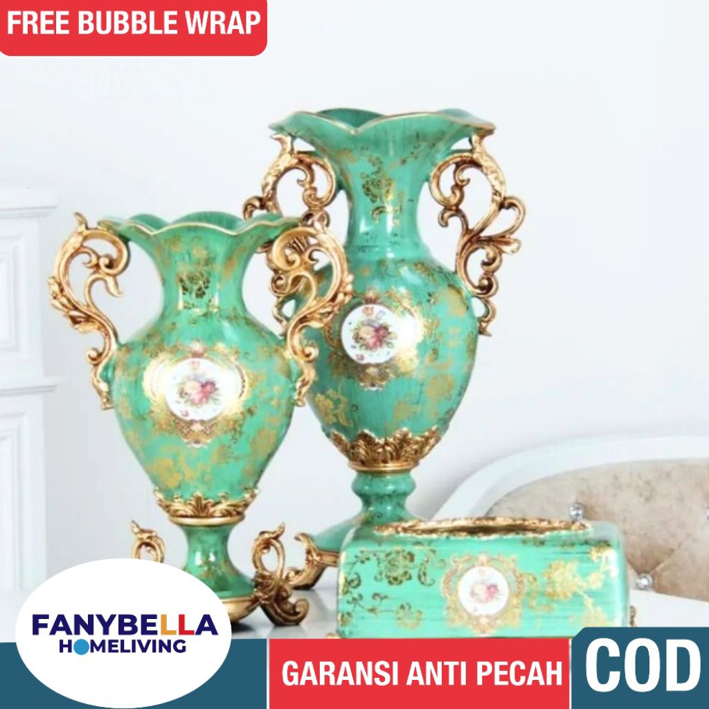 Vas Bunga Keramik Antik Guci Hijau Emas Gold Antik Motif Bunga Porselen Dekorasi Hiasan Rumah