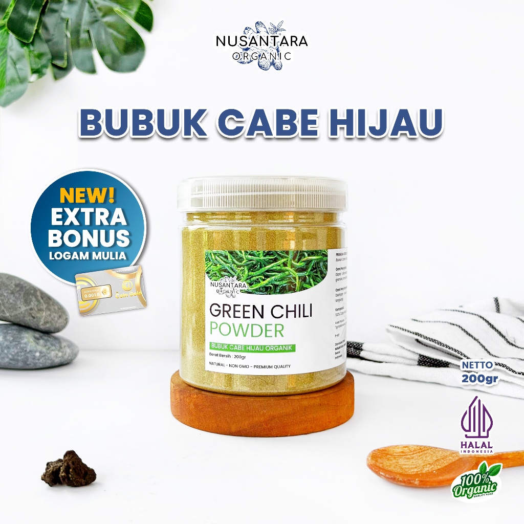 

Nusantara Organic Bubuk Cabe Hijau Green Chili Powder Asli Tanpa Campuran Bumbu Dapur Alami 200gr
