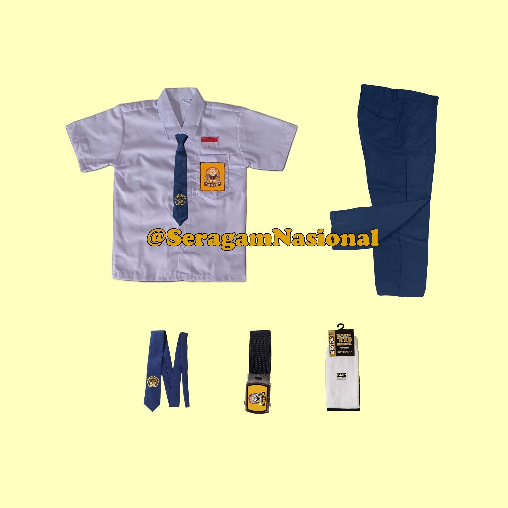 Set Seragam Biru Putih SMP Baju Pendek Celana Panjang