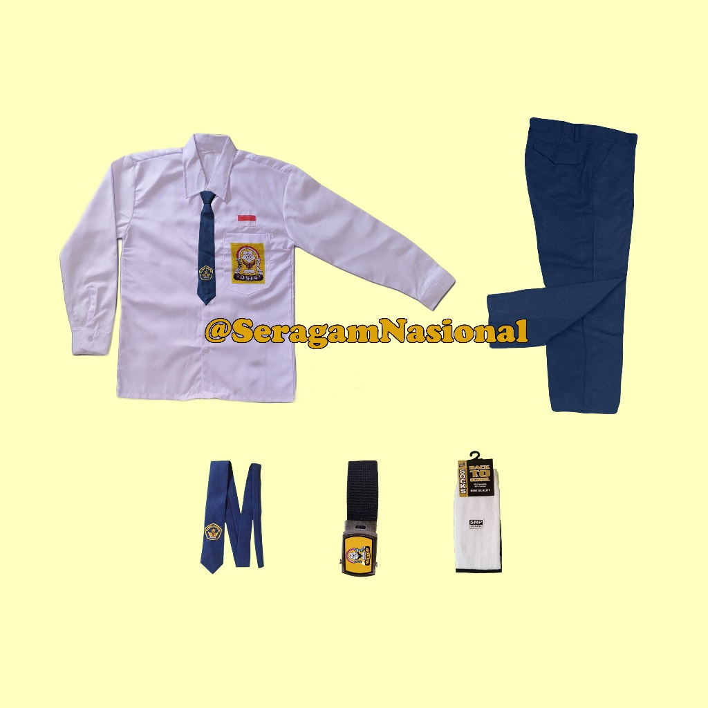 Set Seragam SMP Biru-Putih Baju Panjang Celana Panjang