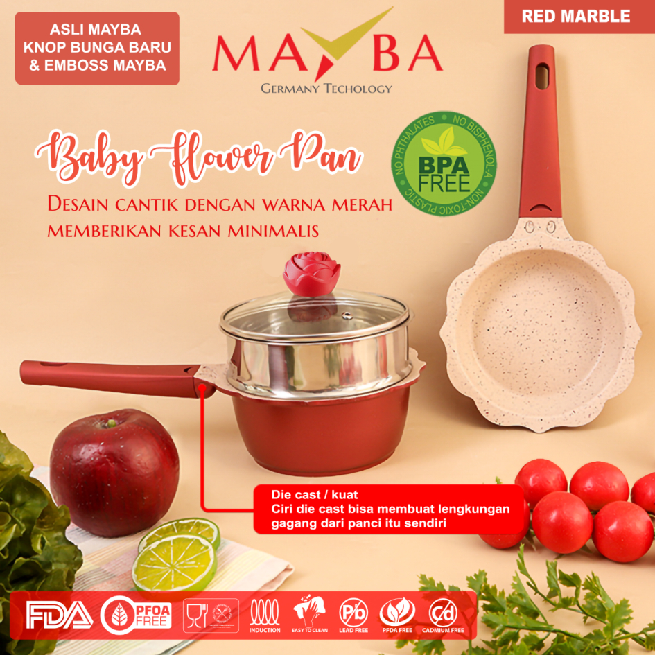 PREMIUM MAYBA PANCI BAYI MERAH Panci susu Steamer and fry pan with lid High Quality RED MARBLE- Panc