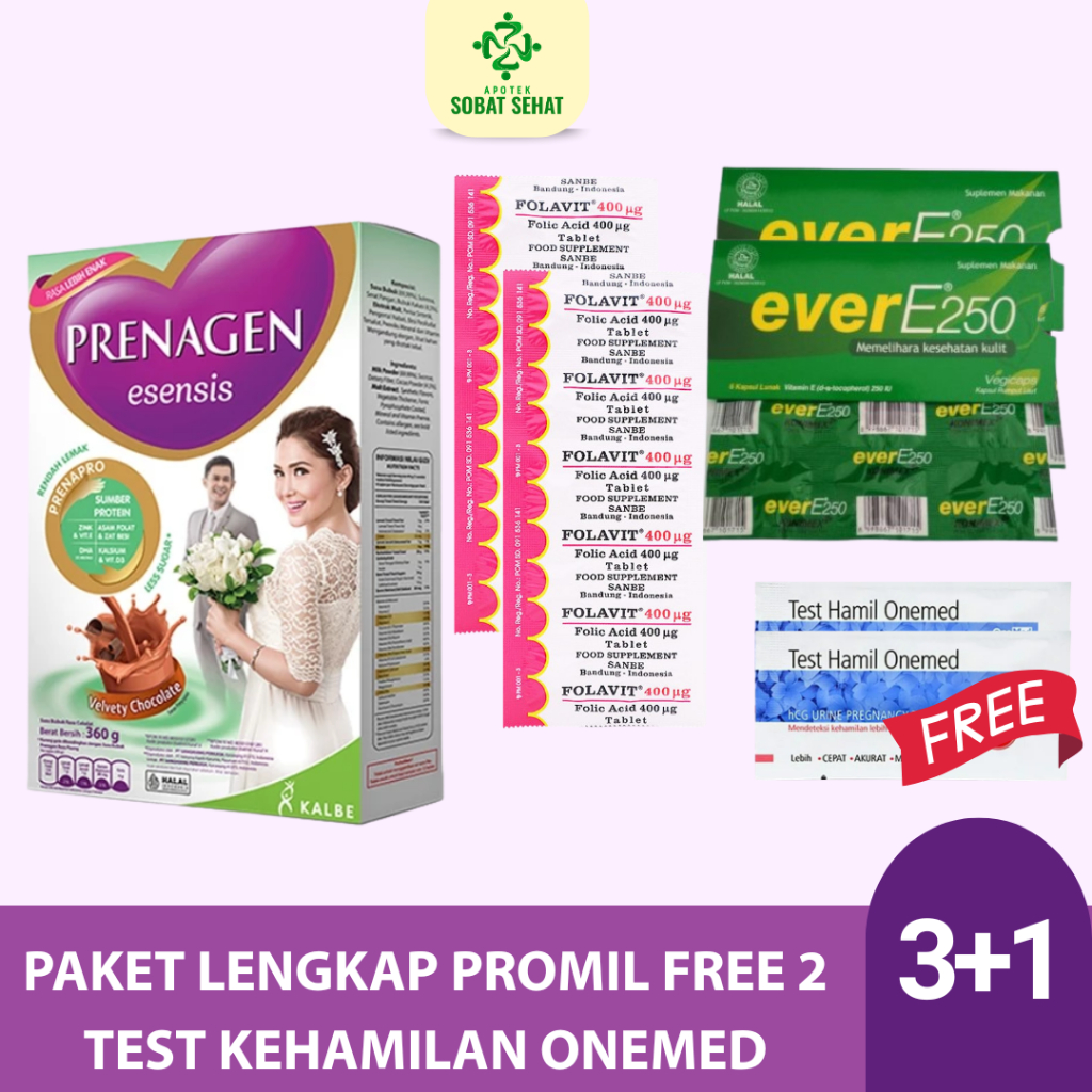 PAKET PROMIL LENGKAP [ 1BOX Prenagen Esensis Velvety Chocolate 360gr + 2 Strip Folavit 400 Mcg + 2 S