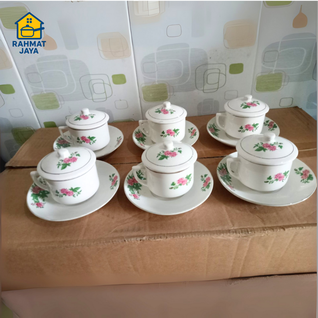 Cangkir Kopi Teh Keramik Tutup Motif Bunga 6 Set + Tatakan Cangkir Kopi Jadul /Cangkir Keramik Jadul