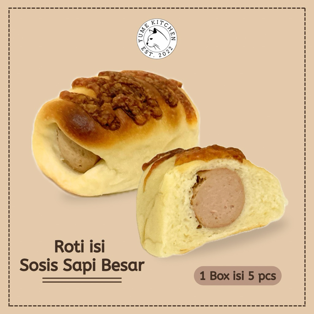 

1 Box (isi 5 pcs) Roti Full Butter isi Sosis Sapi Besar by Yume Kitchen - Roti Resep Jadoel