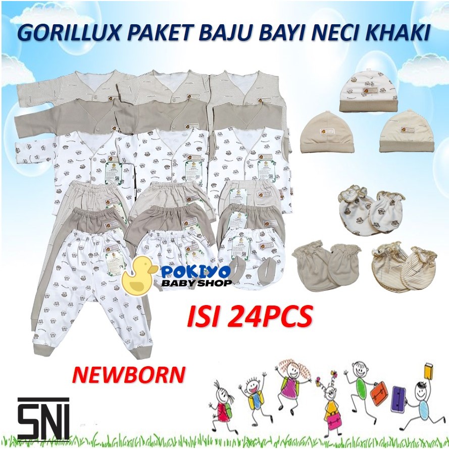 Gorillux Paket Baju Bayi Bis Dan Neci Newborn 0-3 Bulan Seri Warna Abu Hijau Khaki Mustard Isi 24 pc