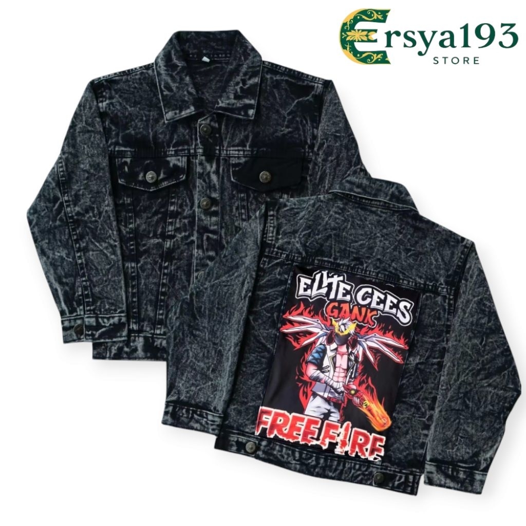 Jaket anak jaket jeans printing anak jaket jeans gambar karakter FF elit CEES terbaru