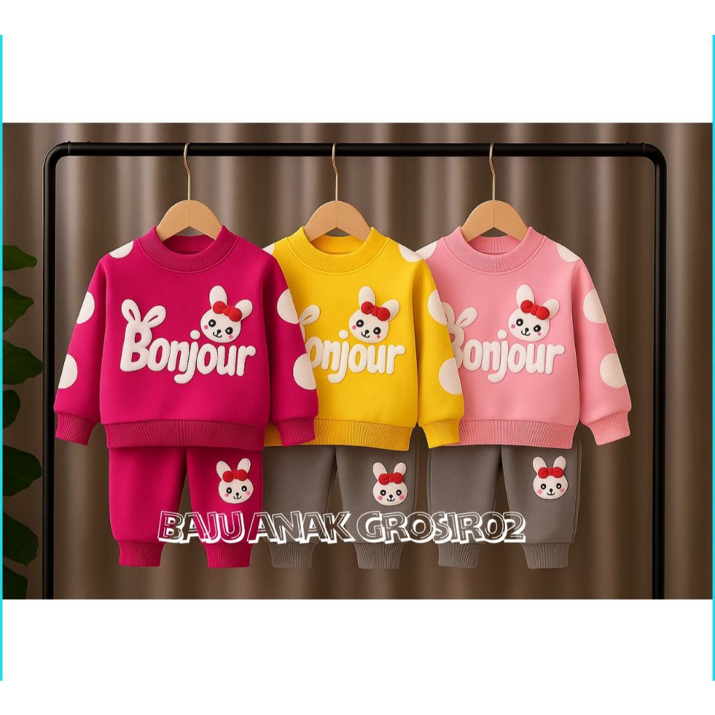 baju setelan anak perempuan 1-5 tahun motif bonjour/ baju anak perempuan lucu