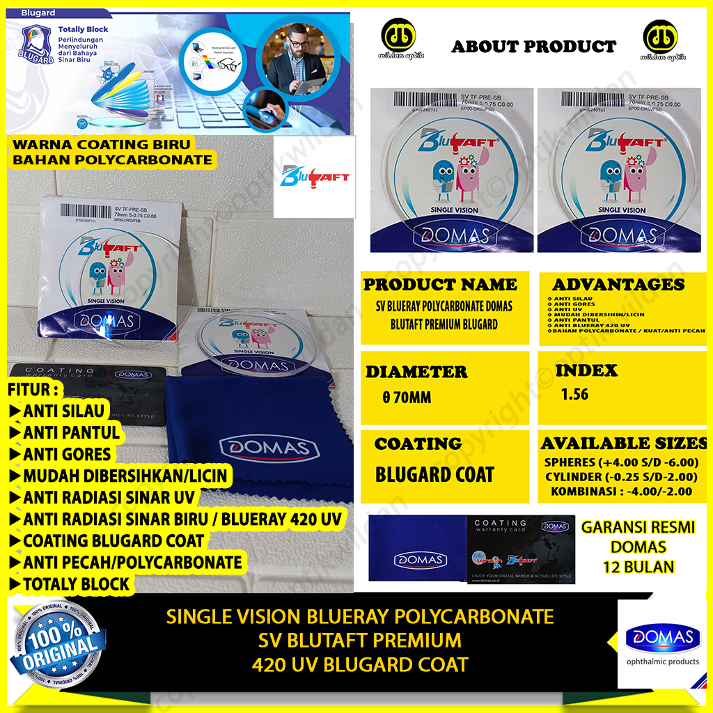 DOMAS SINGLE VISION BLUTAFT PREMIUM BLUGARD COAT/BLUERAY POLYCARBONATE